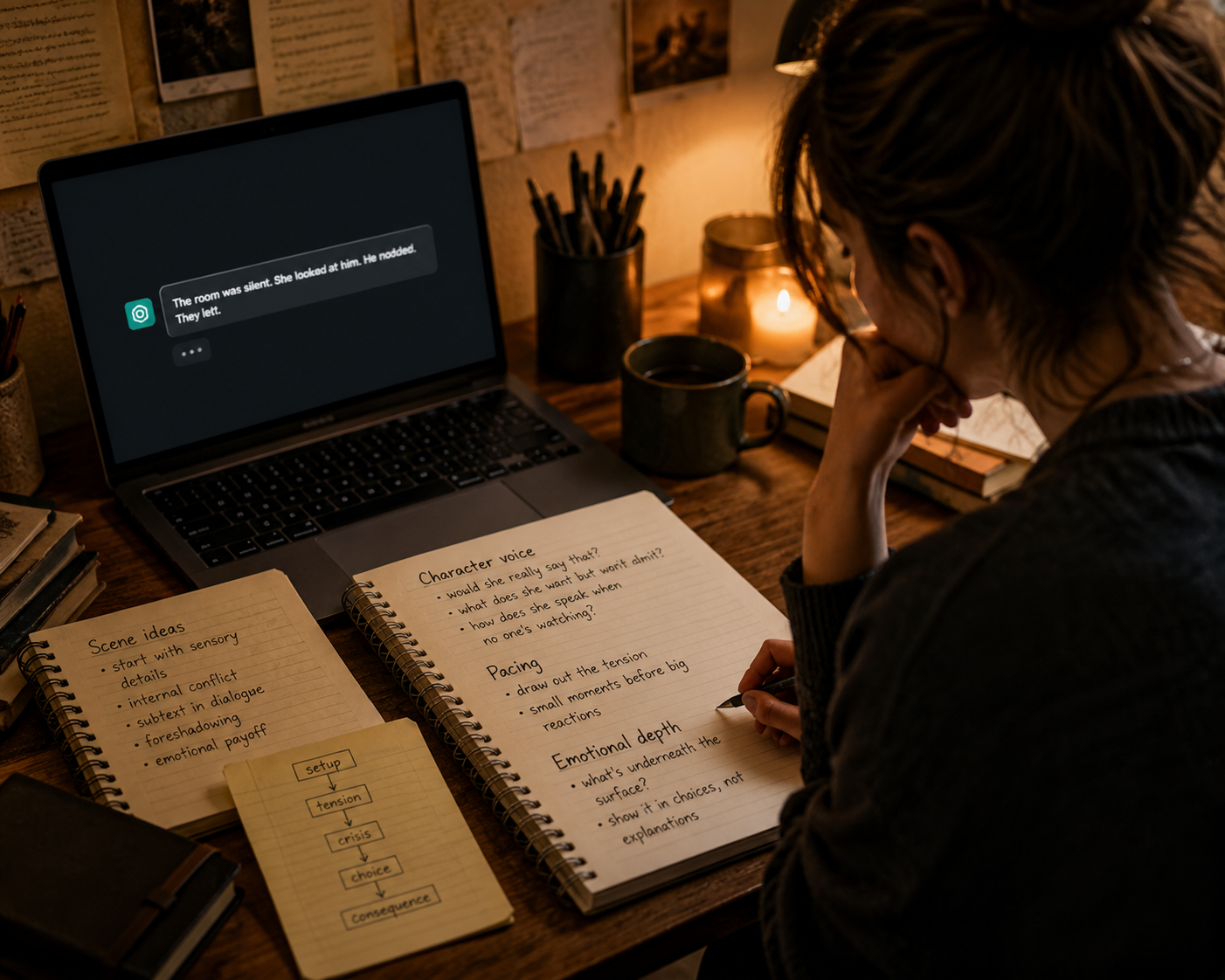 Fanfiction writer comparing a short AI reply with detailed scene notes
