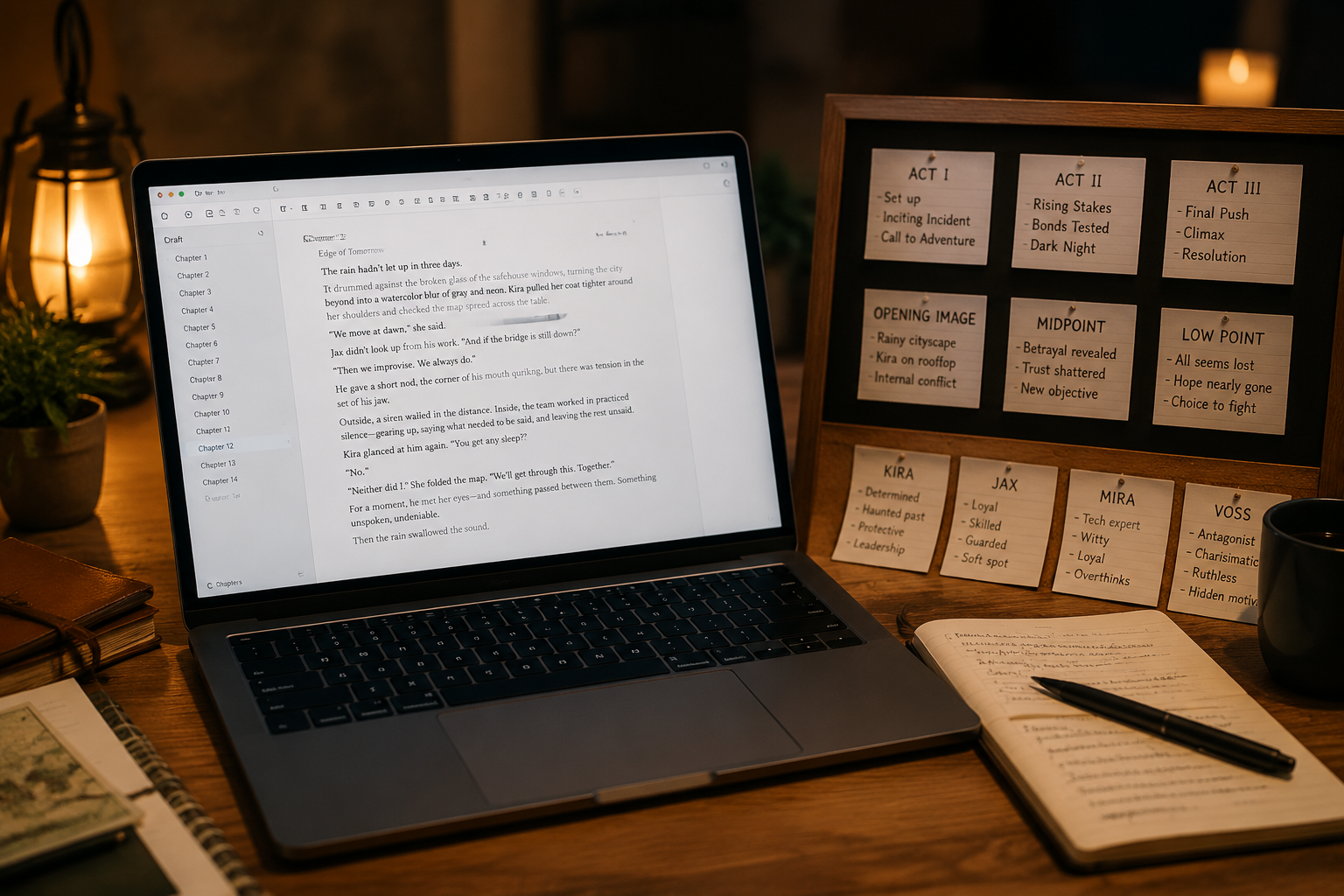 Organized fanfiction draft with character notes and scene beat cards