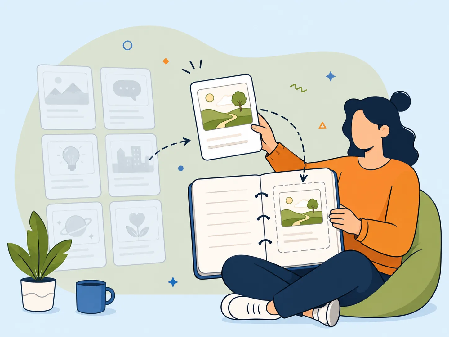 書き始めやすい場面アイデアを示すファンフィックプロンプト生成器のイラスト